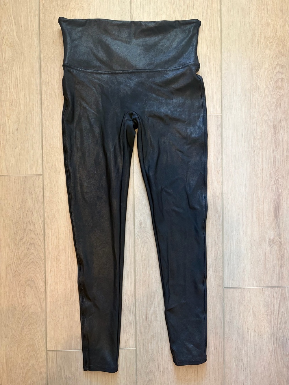 SPANX Faux Leather Leggings Black Mid Rise Ankle Stretch Women's Petite L